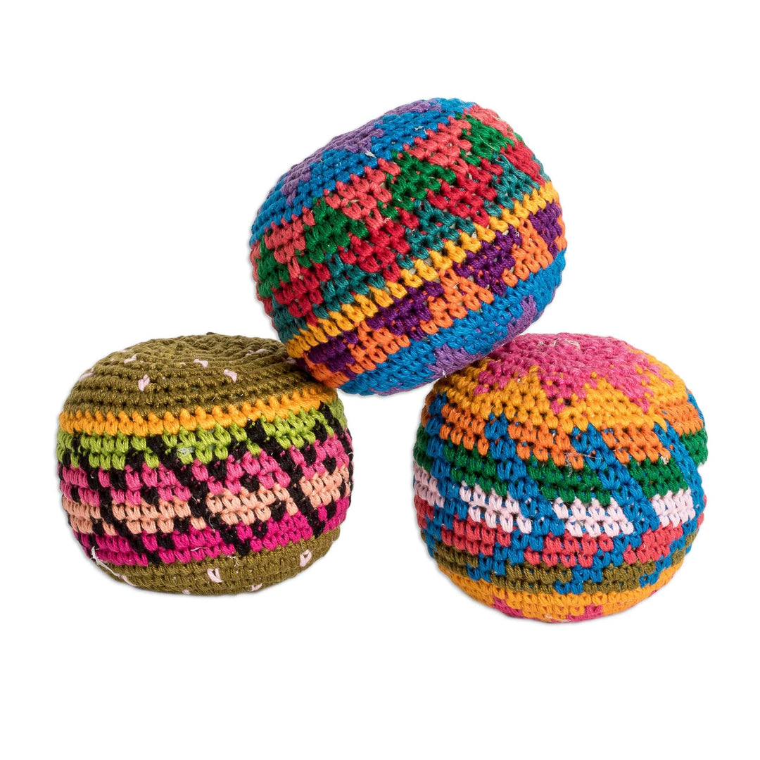 Set of 3 Colorful Patterned Crocheted Cotton Hacky Sacks - Cheerful Orbs