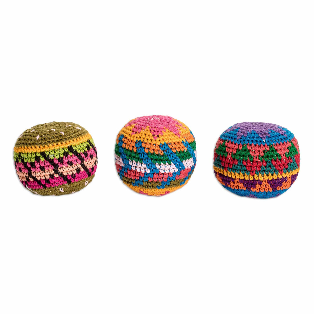 Set of 3 Colorful Patterned Crocheted Cotton Hacky Sacks - Cheerful Orbs