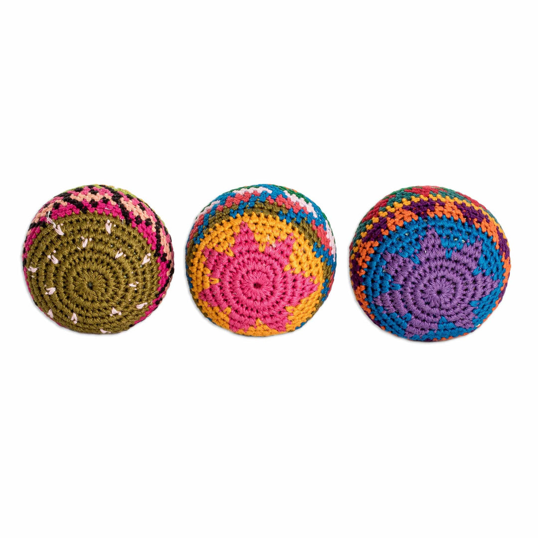 Set of 3 Colorful Patterned Crocheted Cotton Hacky Sacks - Cheerful Orbs