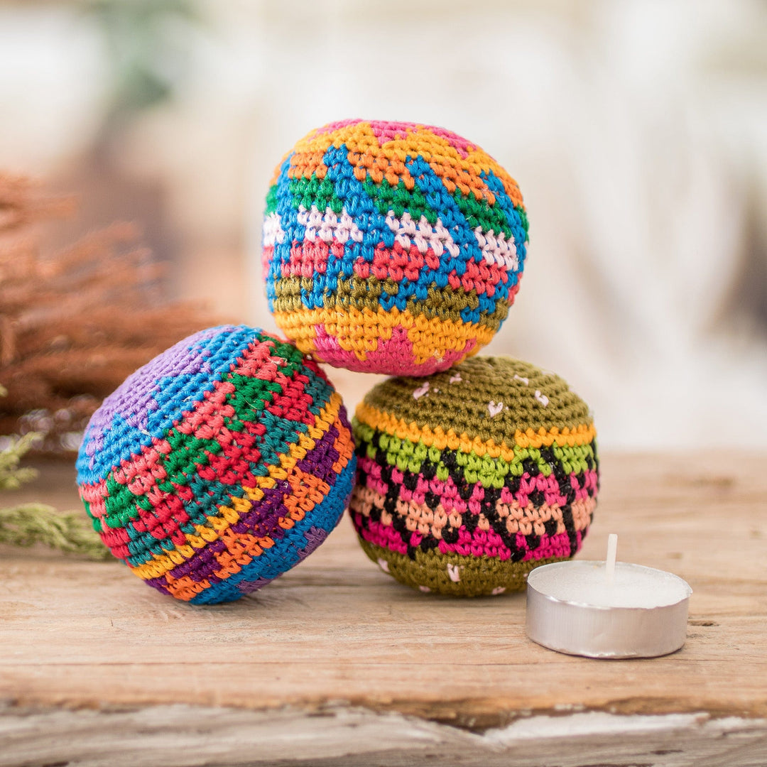 Set of 3 Colorful Patterned Crocheted Cotton Hacky Sacks - Cheerful Orbs