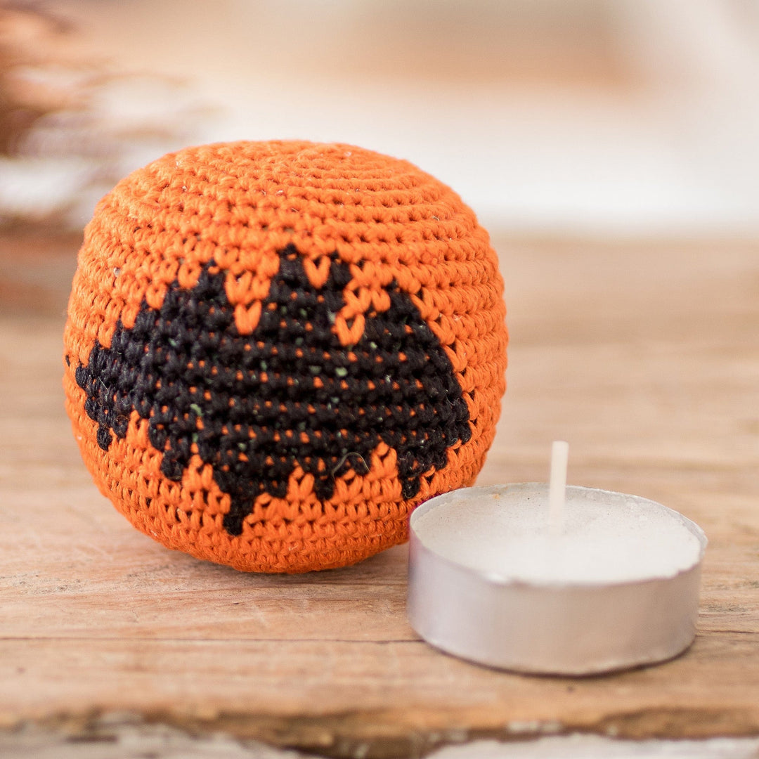 Crocheted Cotton Hacky Sack with Bat Motif in Orange & Black - Playful Bat