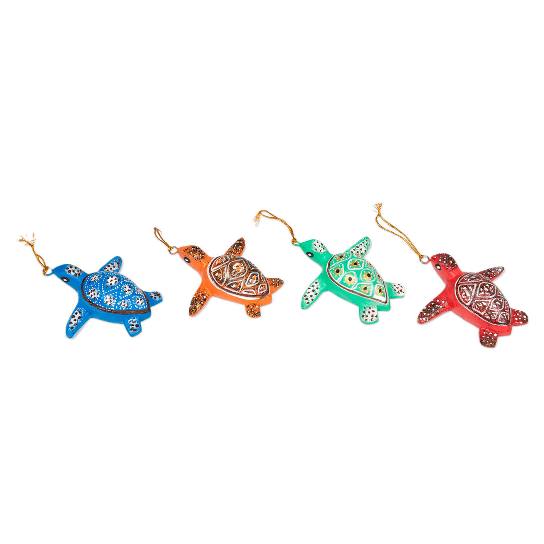Set of 4 Painted Colorful Jempinis Wood Turtle Ornaments - Festive Shells