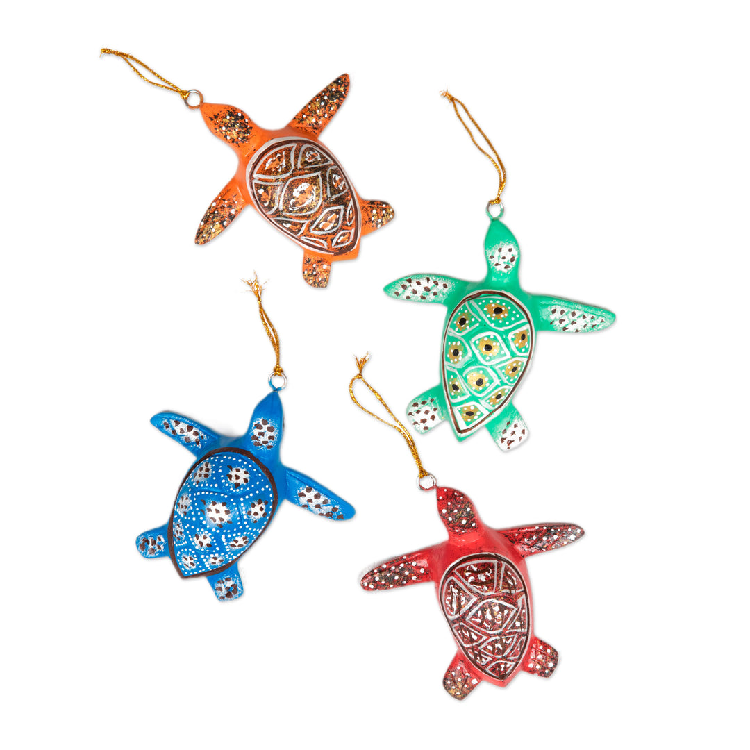 Set of 4 Painted Colorful Jempinis Wood Turtle Ornaments - Festive Shells