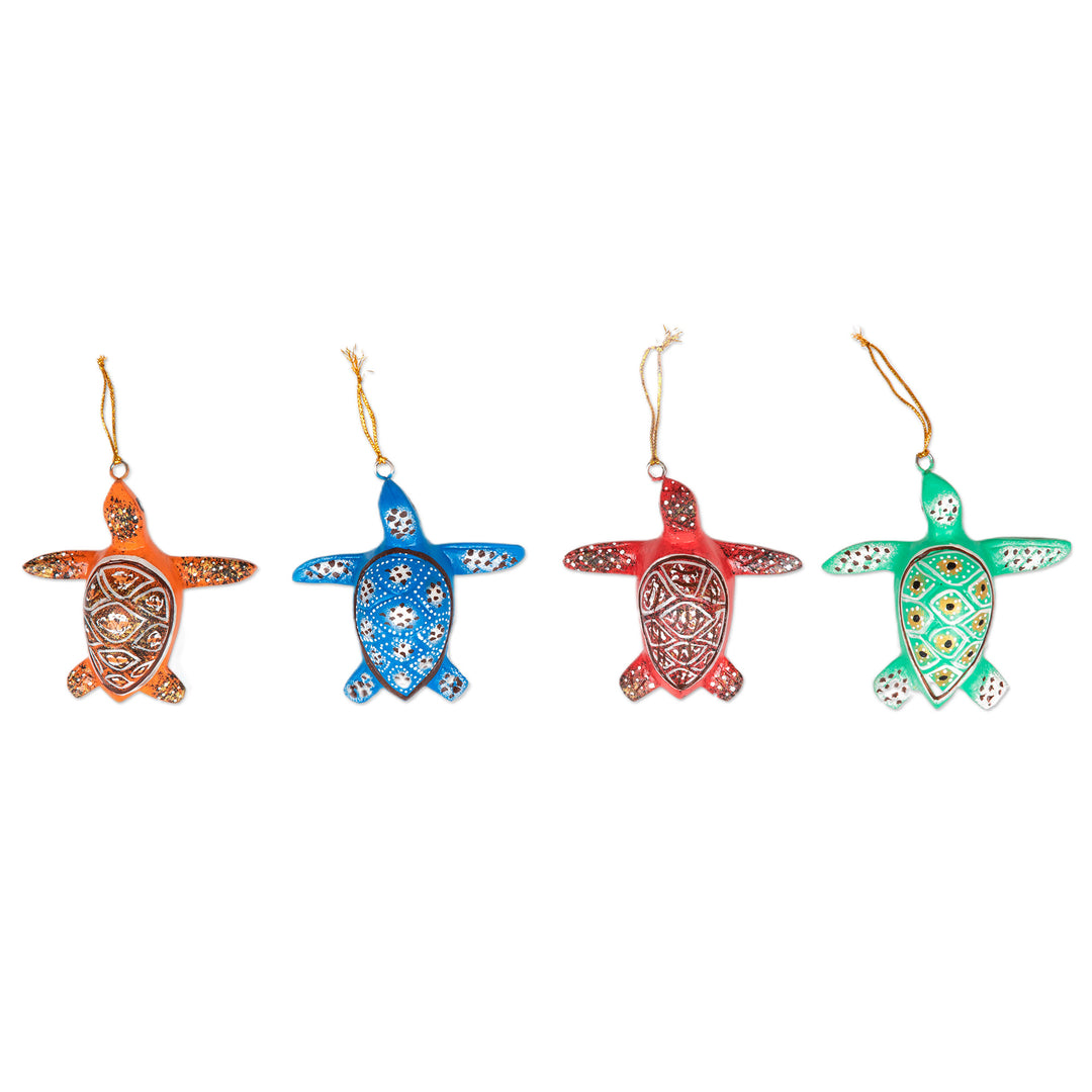 Set of 4 Painted Colorful Jempinis Wood Turtle Ornaments - Festive Shells