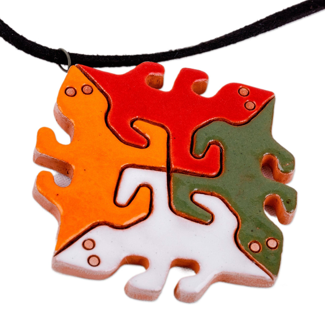 Lizard-Themed Ceramic Pendant Necklace in Warm Hues - Lizard Cycle