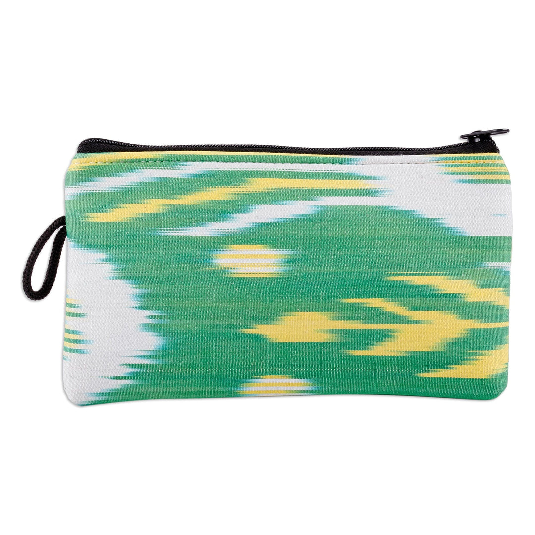 Leaf-Inspired Ikat Patterned Cotton Cosmetic Bag with Zipper - Ikat Nature