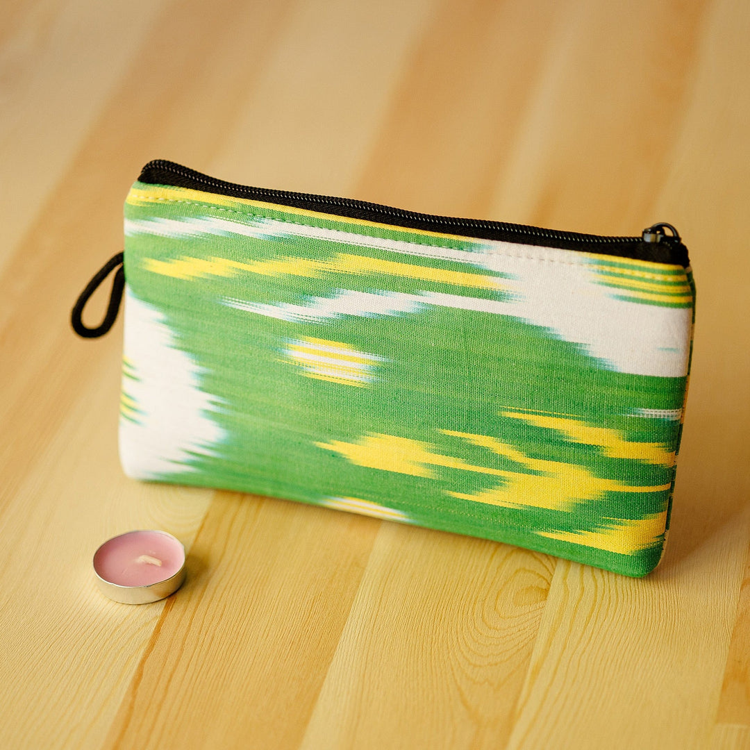 Leaf-Inspired Ikat Patterned Cotton Cosmetic Bag with Zipper - Ikat Nature