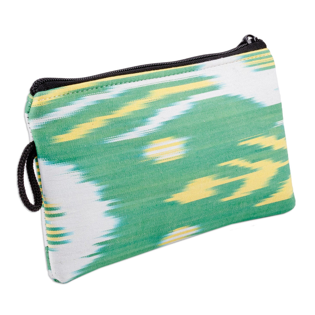 Leaf-Inspired Ikat Patterned Cotton Cosmetic Bag with Zipper - Ikat Nature