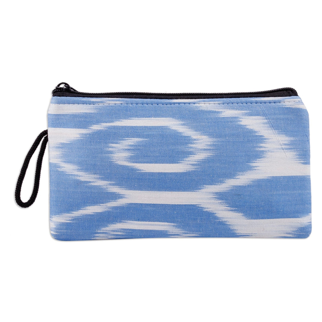 Abstract Blue Ikat Patterned Cotton Cosmetic Bag with Zipper - Oceanic Ikat
