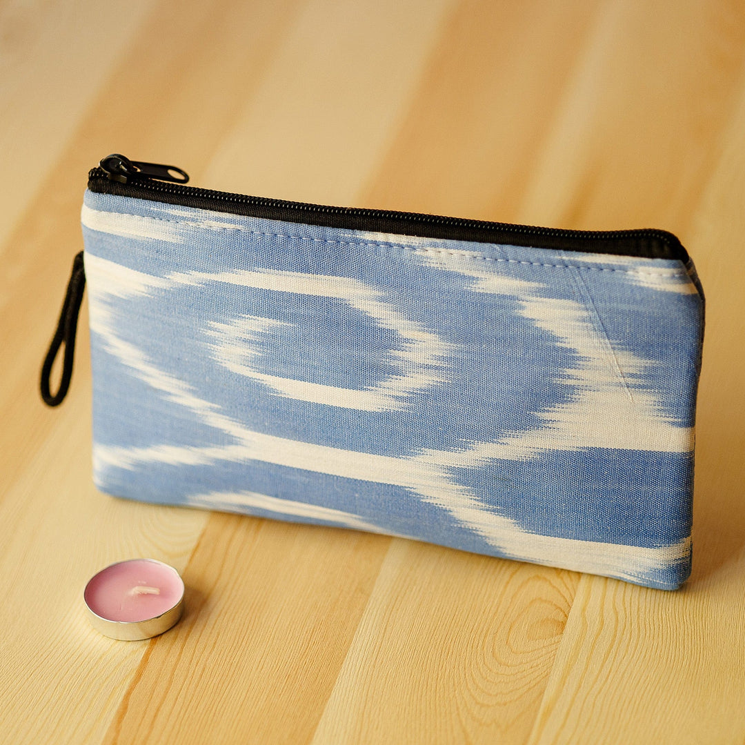 Abstract Blue Ikat Patterned Cotton Cosmetic Bag with Zipper - Oceanic Ikat