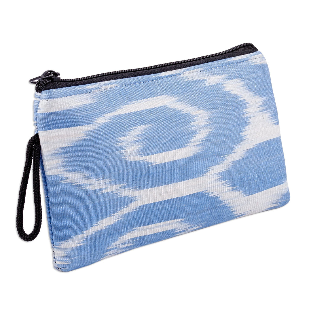 Abstract Blue Ikat Patterned Cotton Cosmetic Bag with Zipper - Oceanic Ikat