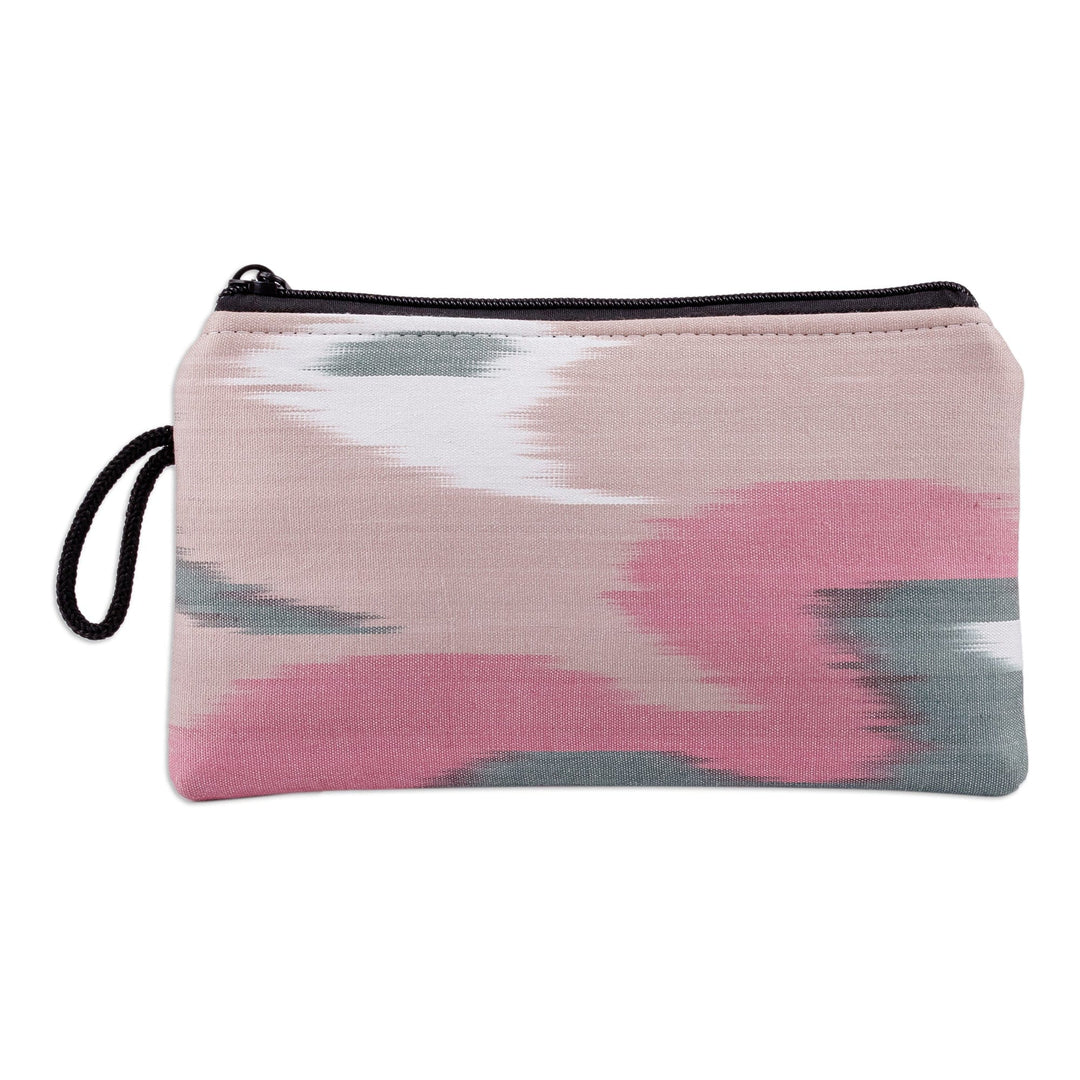 Pink and Teal Ikat Patterned Cotton Cosmetic Bag with Zipper - Pink Stage