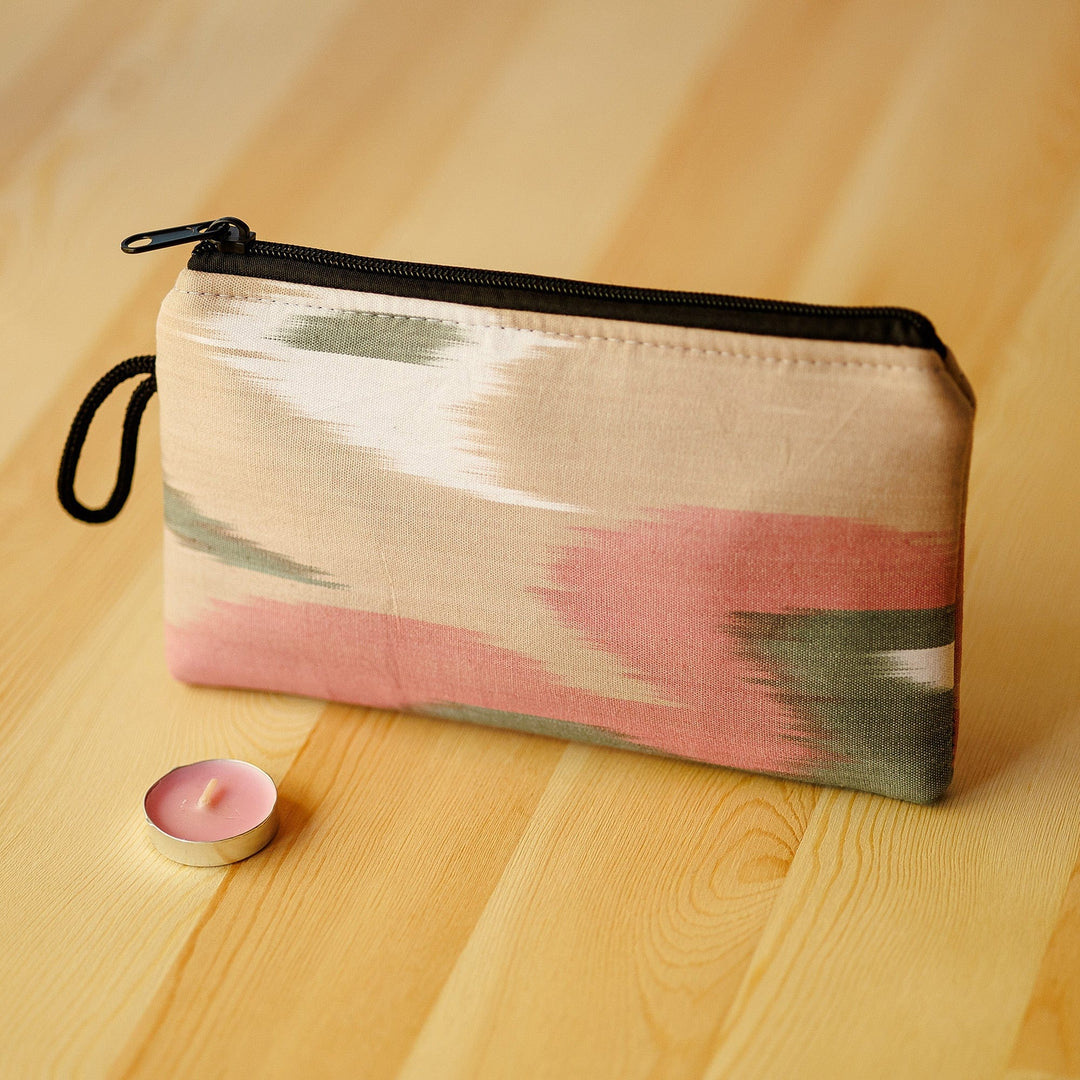Pink and Teal Ikat Patterned Cotton Cosmetic Bag with Zipper - Pink Stage