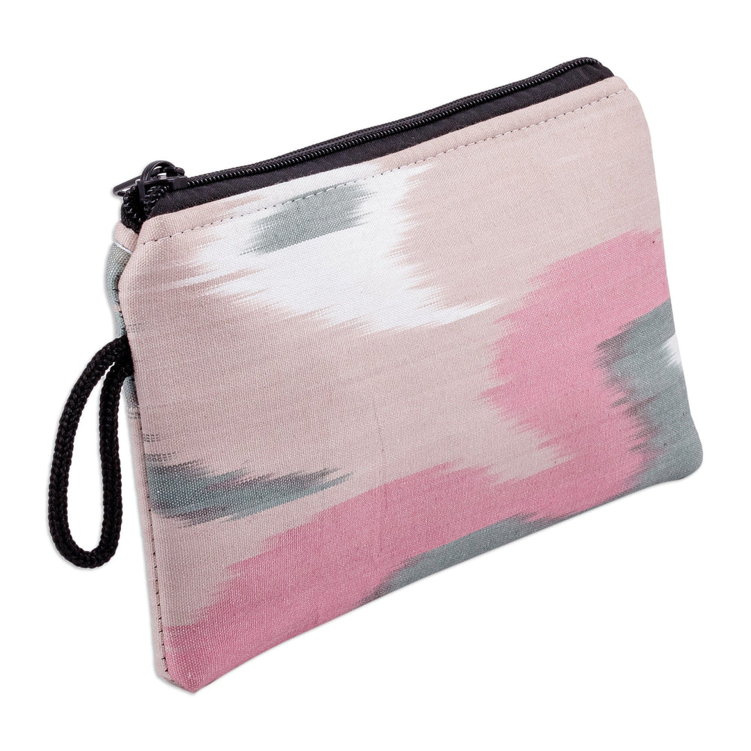 Pink and Teal Ikat Patterned Cotton Cosmetic Bag with Zipper - Pink Stage
