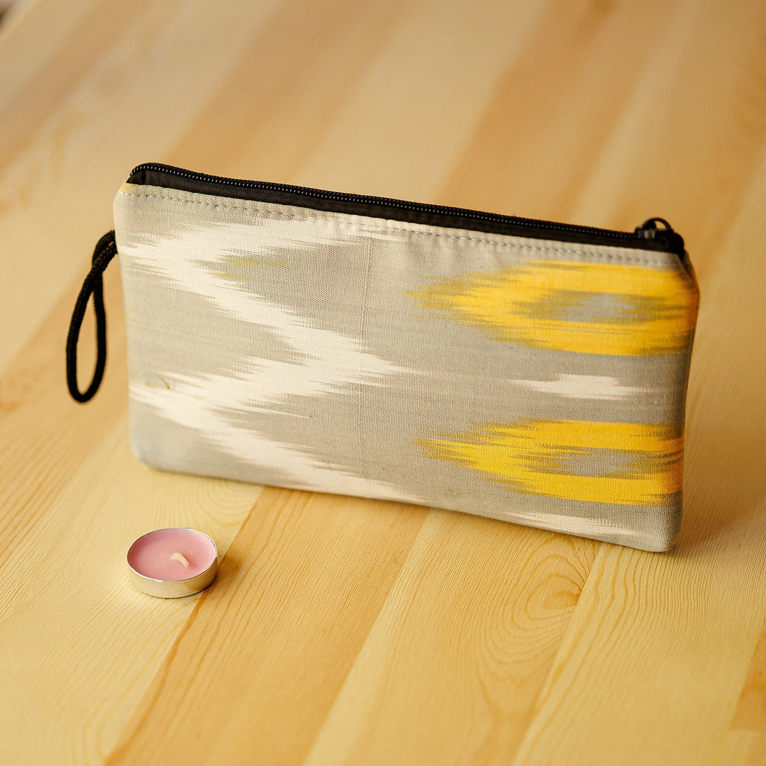 Grey and Yellow Ikat Patterned Cotton Cosmetic Bag - Yellow Frequencies