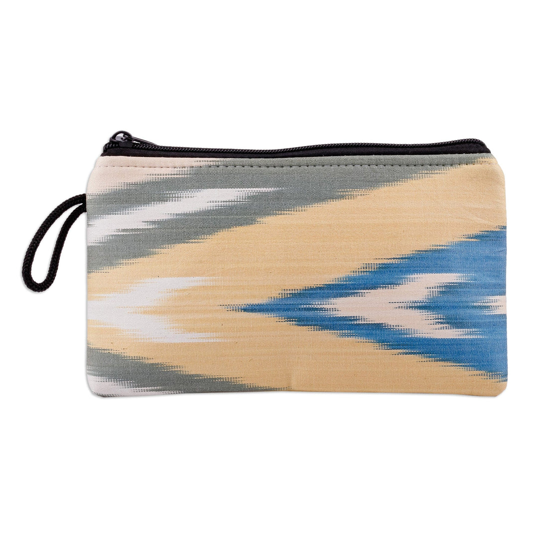 Geometric Ikat Patterned Cotton Cosmetic Bag with Zipper - Blue Arrow