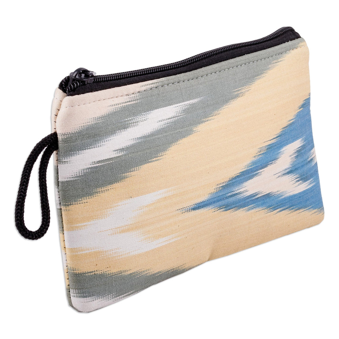 Geometric Ikat Patterned Cotton Cosmetic Bag with Zipper - Blue Arrow