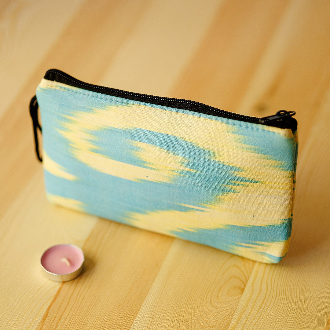 Spiral Yellow Ikat Patterned Cotton Cosmetic Bag with Zipper - Tropical Feel