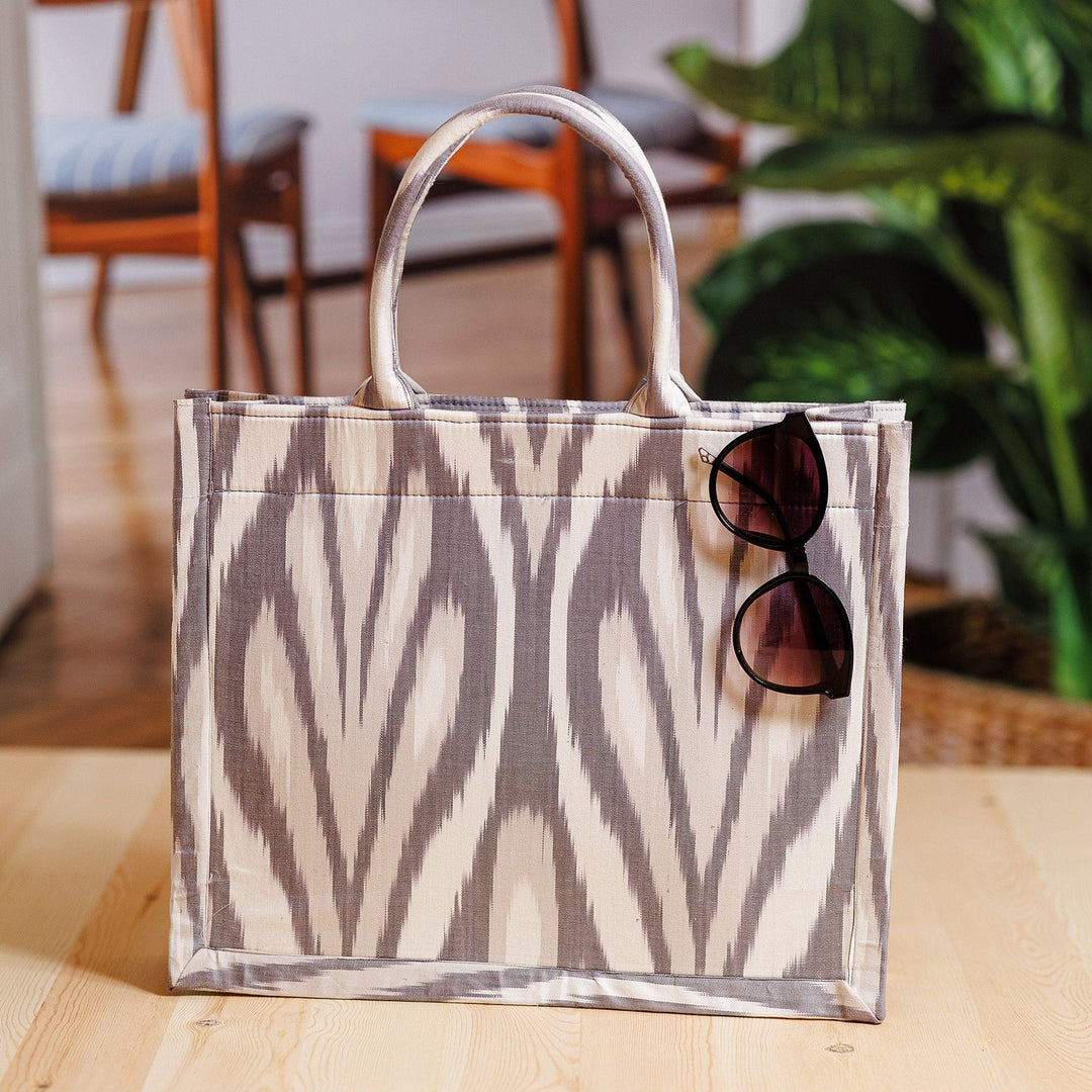 Handmade Grey and White Ikat Patterned Cotton Tote Bag - Splendorous Grey