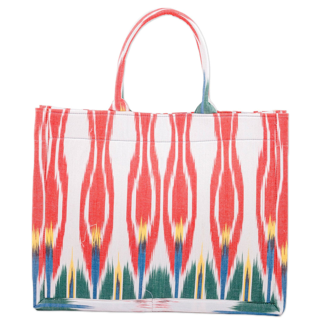 Handmade Red and Green Ikat Patterned Cotton Tote Bag - Splendorous Moment