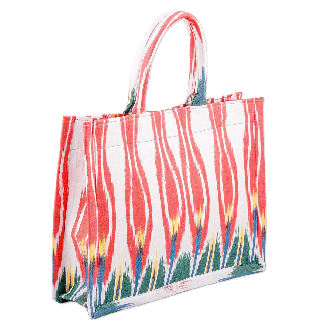 Handmade Red and Green Ikat Patterned Cotton Tote Bag - Splendorous Moment