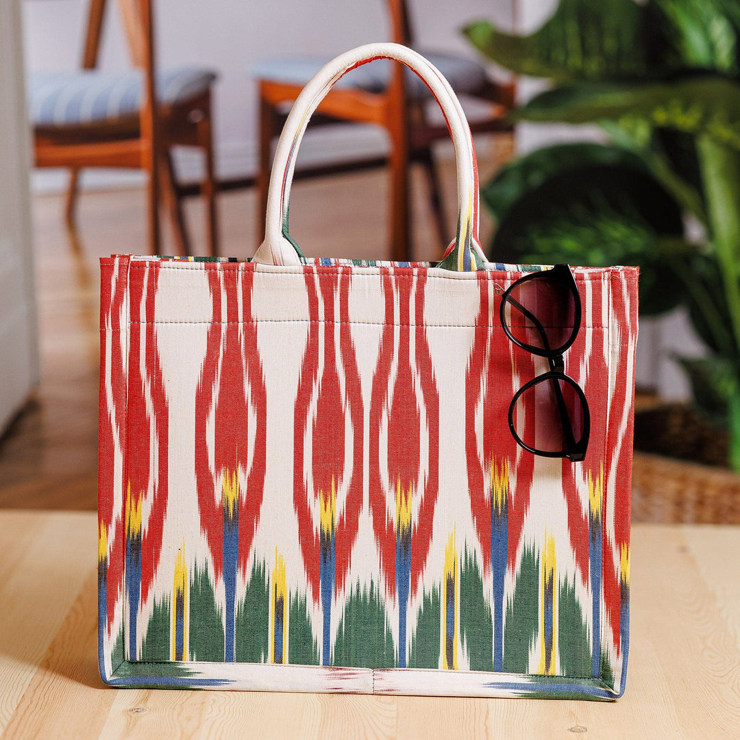 Handmade Red and Green Ikat Patterned Cotton Tote Bag - Splendorous Moment