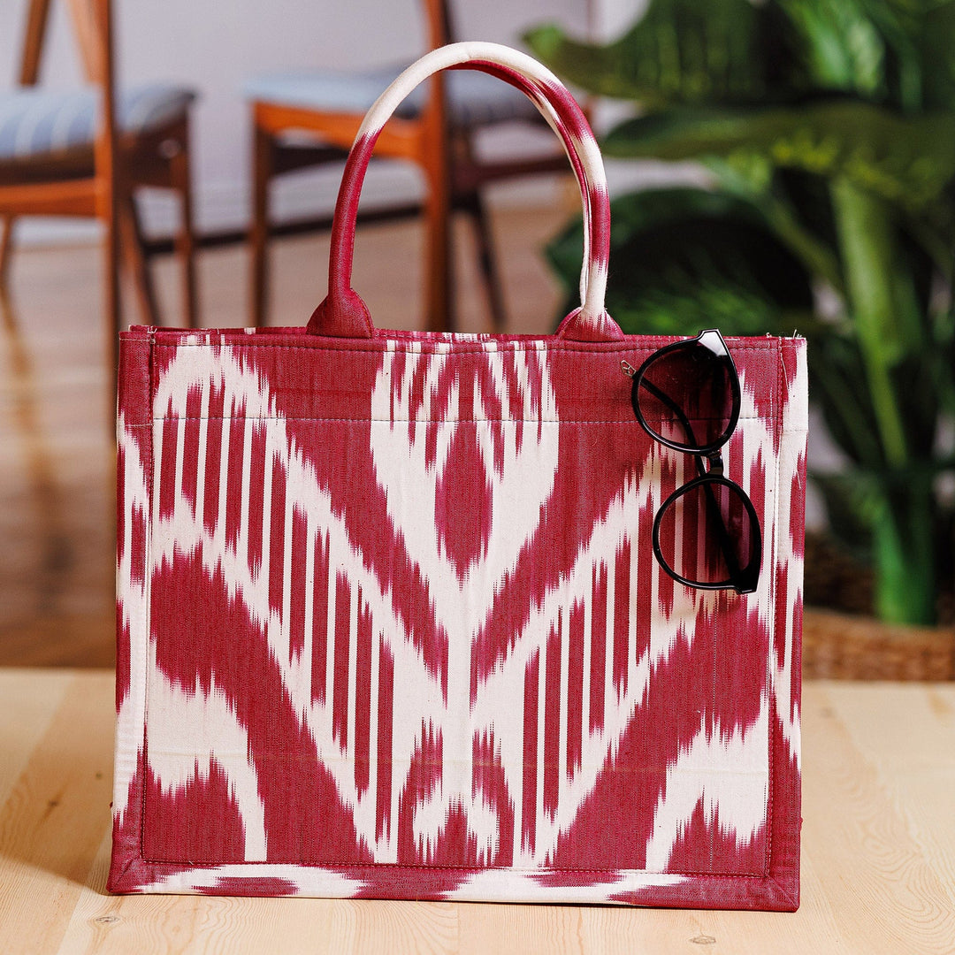 Handmade Red and White Ikat Patterned Cotton Tote Bag - Splendorous Red
