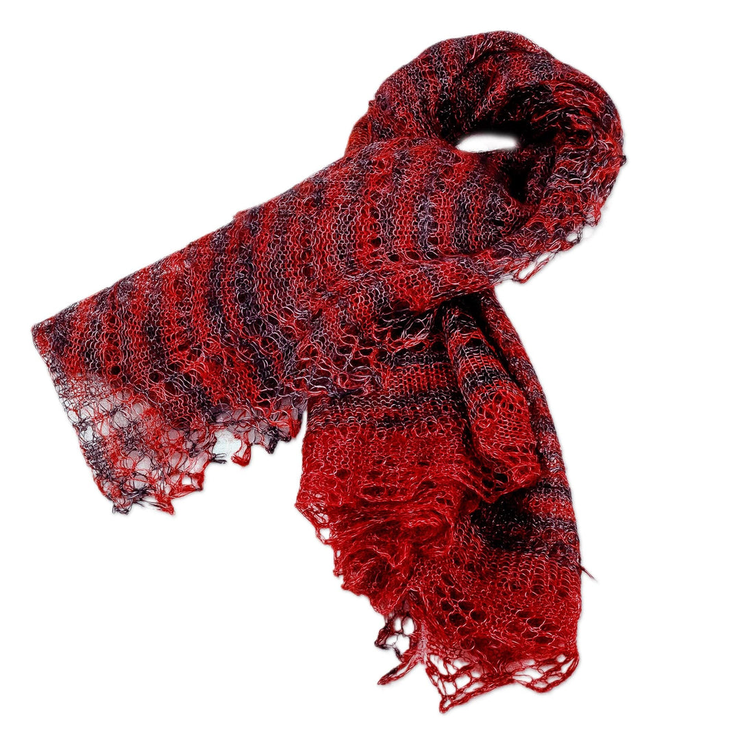 Handwoven Striped Soft Black and Crimson Cashmere Wool Scarf - Regal Pleasure in Crimson