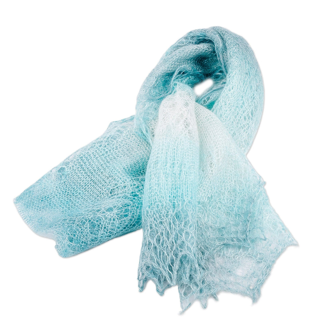 Handwoven Soft 100% Cashmere Wool Scarf in Aqua and White - Lagoon's Act