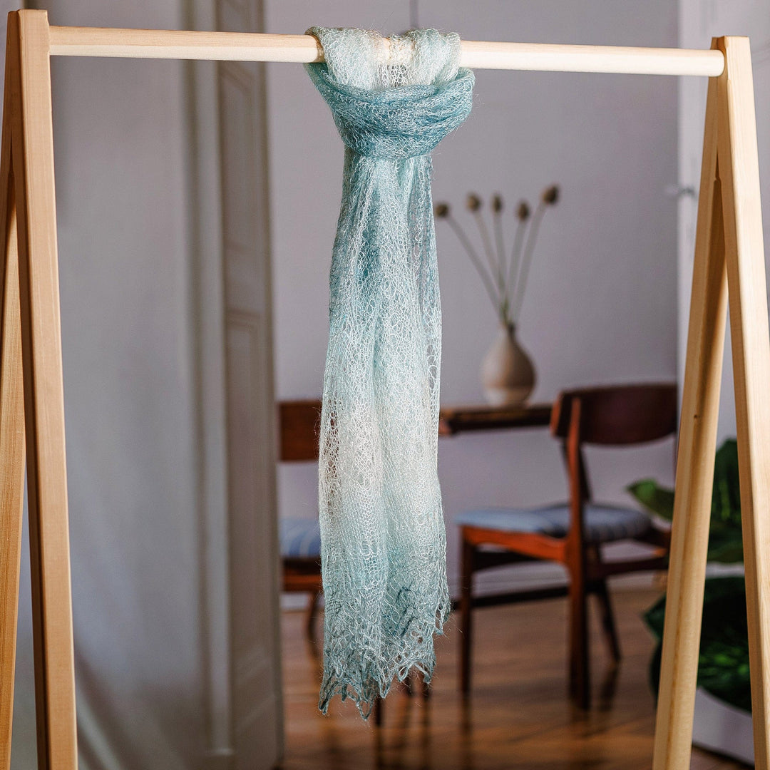 Handwoven Soft 100% Cashmere Wool Scarf in Aqua and White - Lagoon's Act