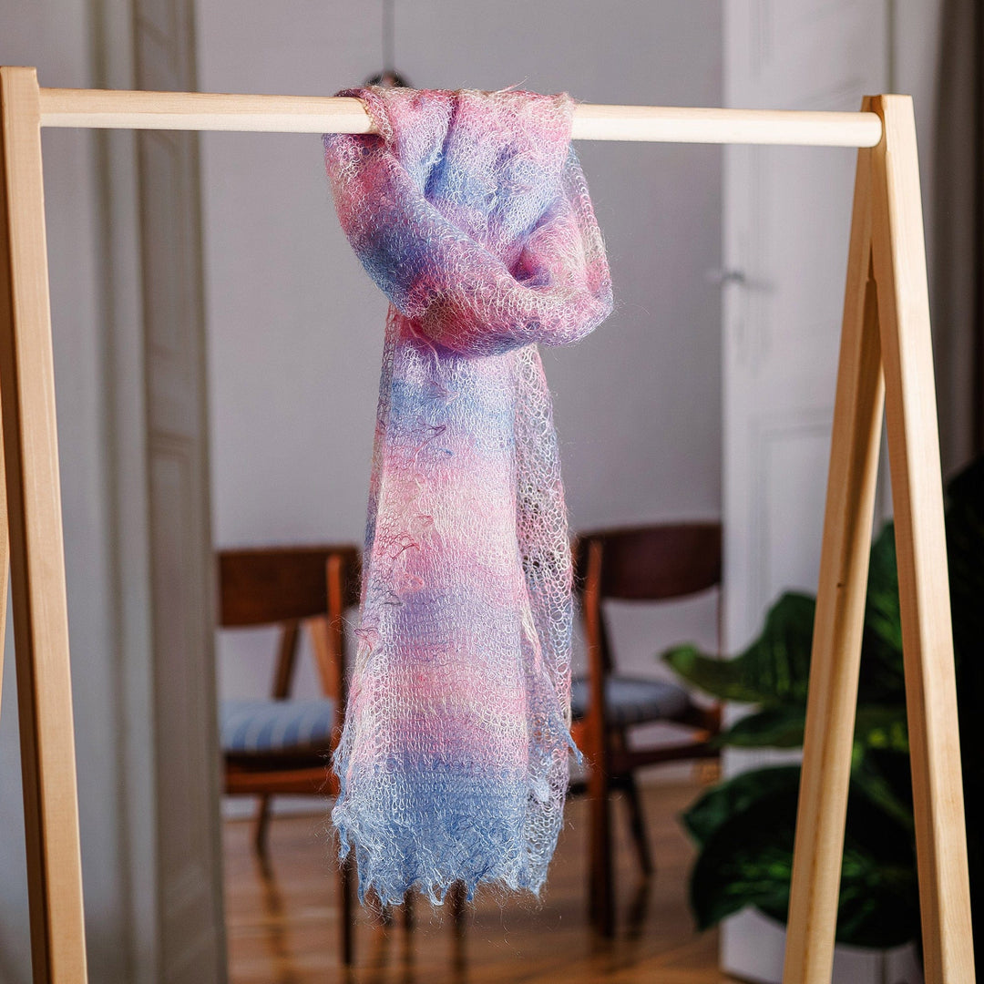Handwoven Striped 100% Cashmere Wool Scarf in Pink and Blue - Ethereal Whispers