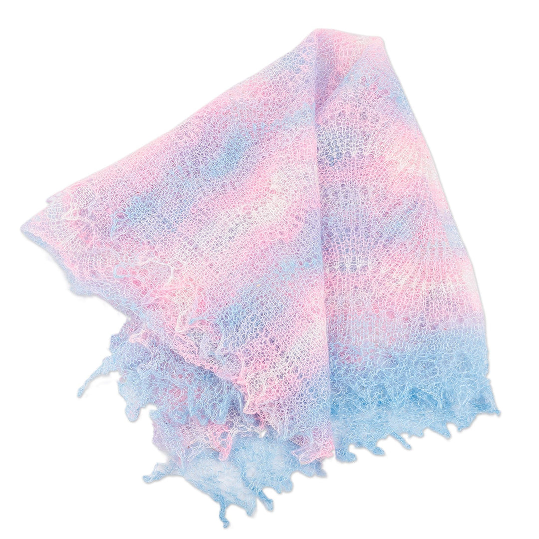 Handwoven Striped 100% Cashmere Wool Scarf in Pink and Blue - Ethereal Whispers