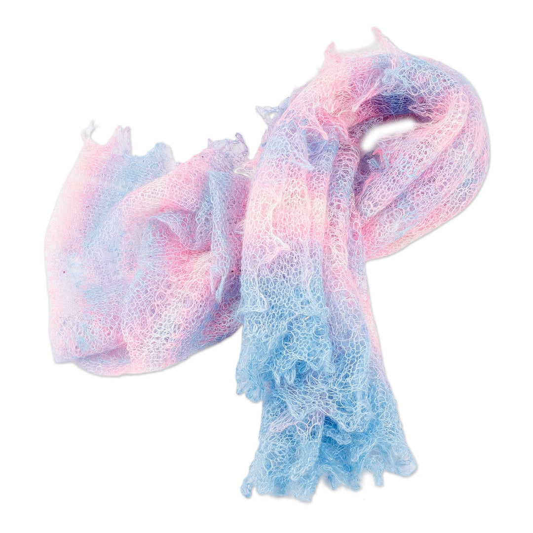 Handwoven Striped 100% Cashmere Wool Scarf in Pink and Blue - Ethereal Whispers