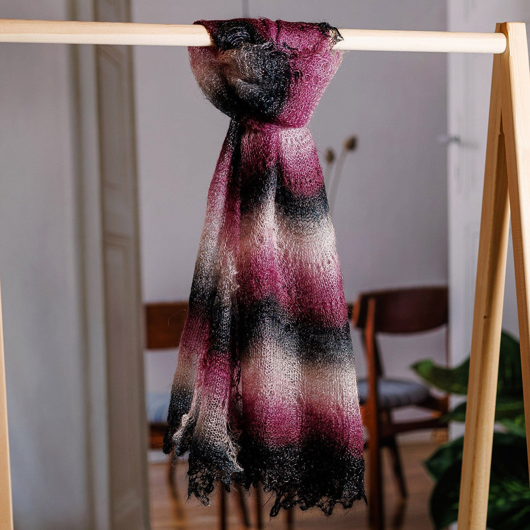 Handwoven Striped Cashmere Wool Scarf in Black and Fuchsia - Bold Whispers