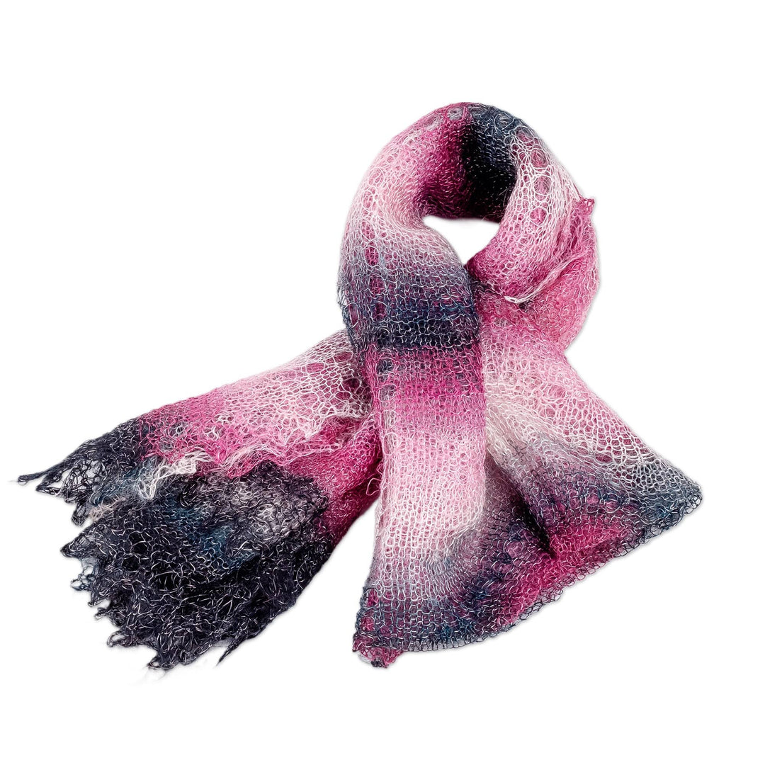 Handwoven Striped Cashmere Wool Scarf in Black and Fuchsia - Bold Whispers