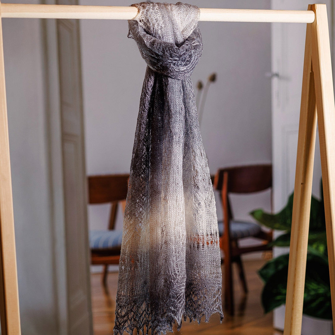 Handwoven Soft 100% Cashmere Wool Scarf in Grey and White - Winter's Act