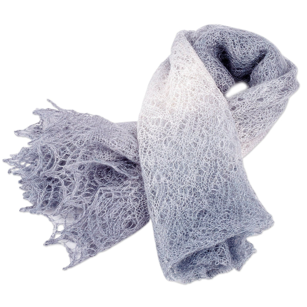 Handwoven Soft 100% Cashmere Wool Scarf in Grey and White - Winter's Act