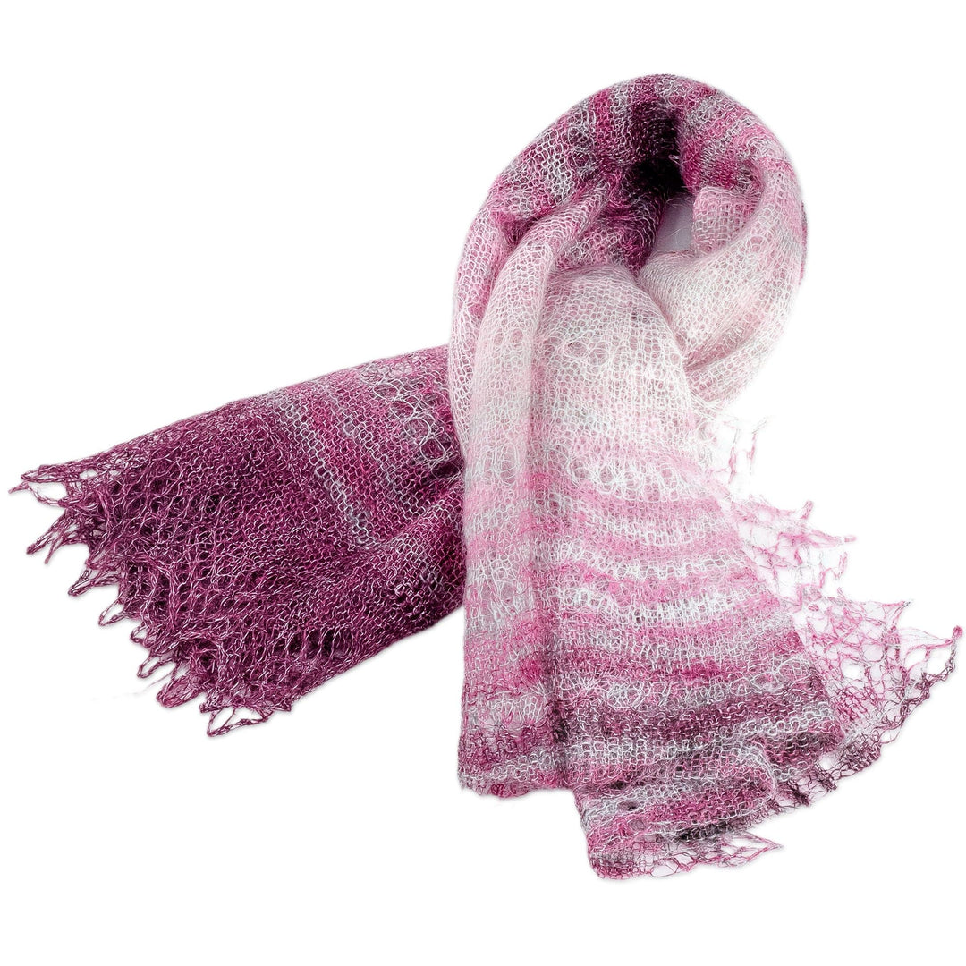 Handwoven Soft 100% Cashmere Wool Scarf in Fuchsia and White - Lilac Luxury