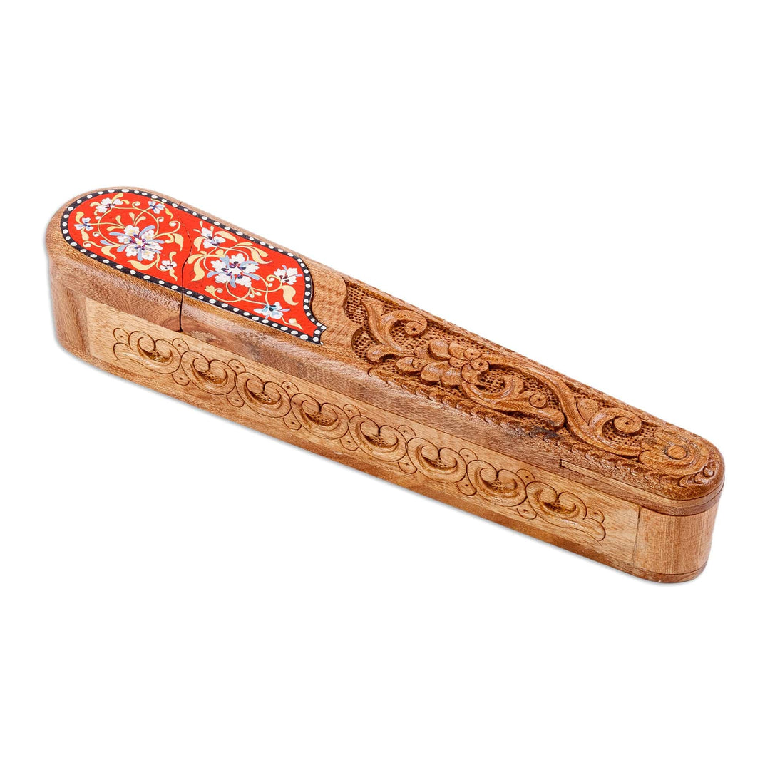 Floral Oblong-Shaped Elm Tree Wood Puzzle Box in Red - Oblong Spring in Red
