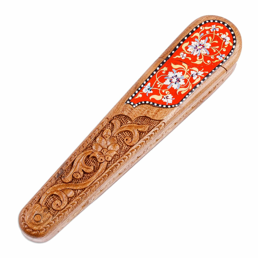 Floral Oblong-Shaped Elm Tree Wood Puzzle Box in Red - Oblong Spring in Red