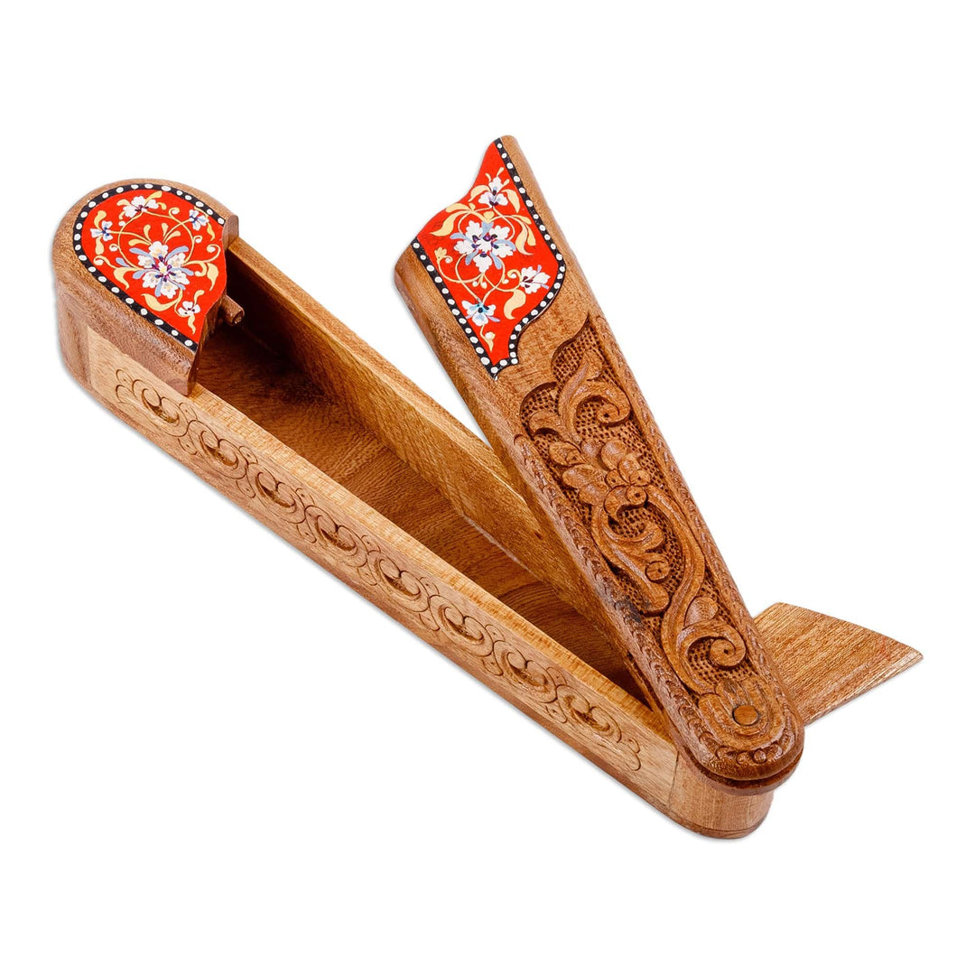 Floral Oblong-Shaped Elm Tree Wood Puzzle Box in Red - Oblong Spring in Red