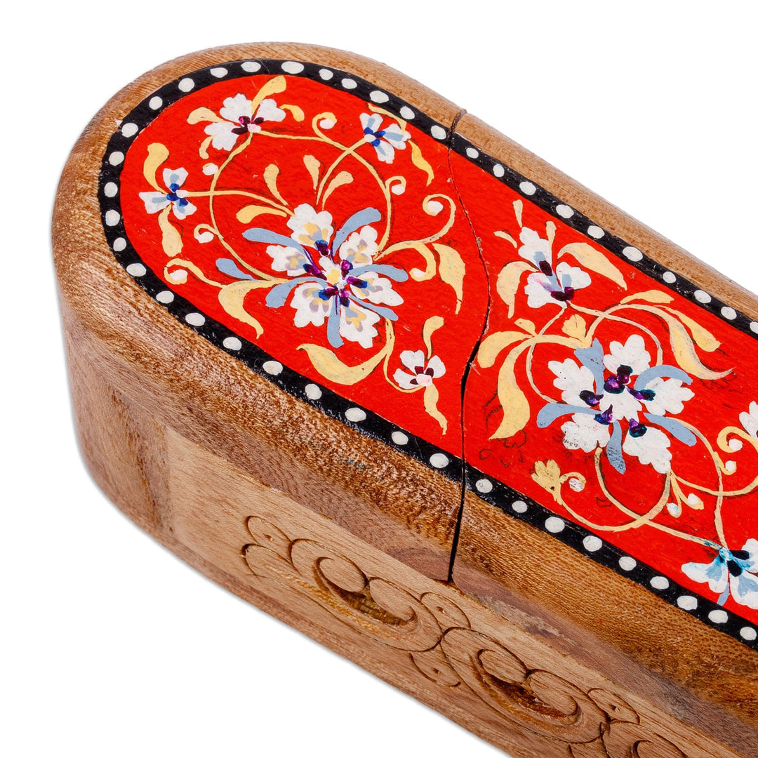 Floral Oblong-Shaped Elm Tree Wood Puzzle Box in Red - Oblong Spring in Red
