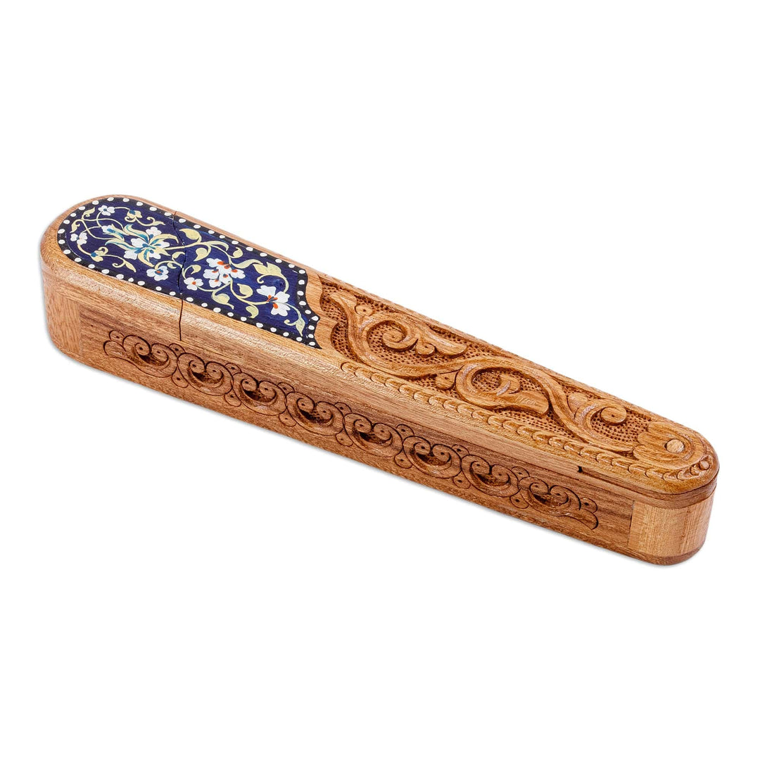 Floral Oblong-Shaped Elm Tree Wood Puzzle Box in Blue - Oblong Spring in Blue