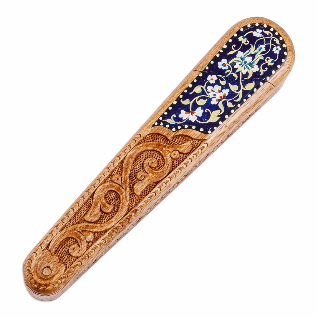 Floral Oblong-Shaped Elm Tree Wood Puzzle Box in Blue - Oblong Spring in Blue