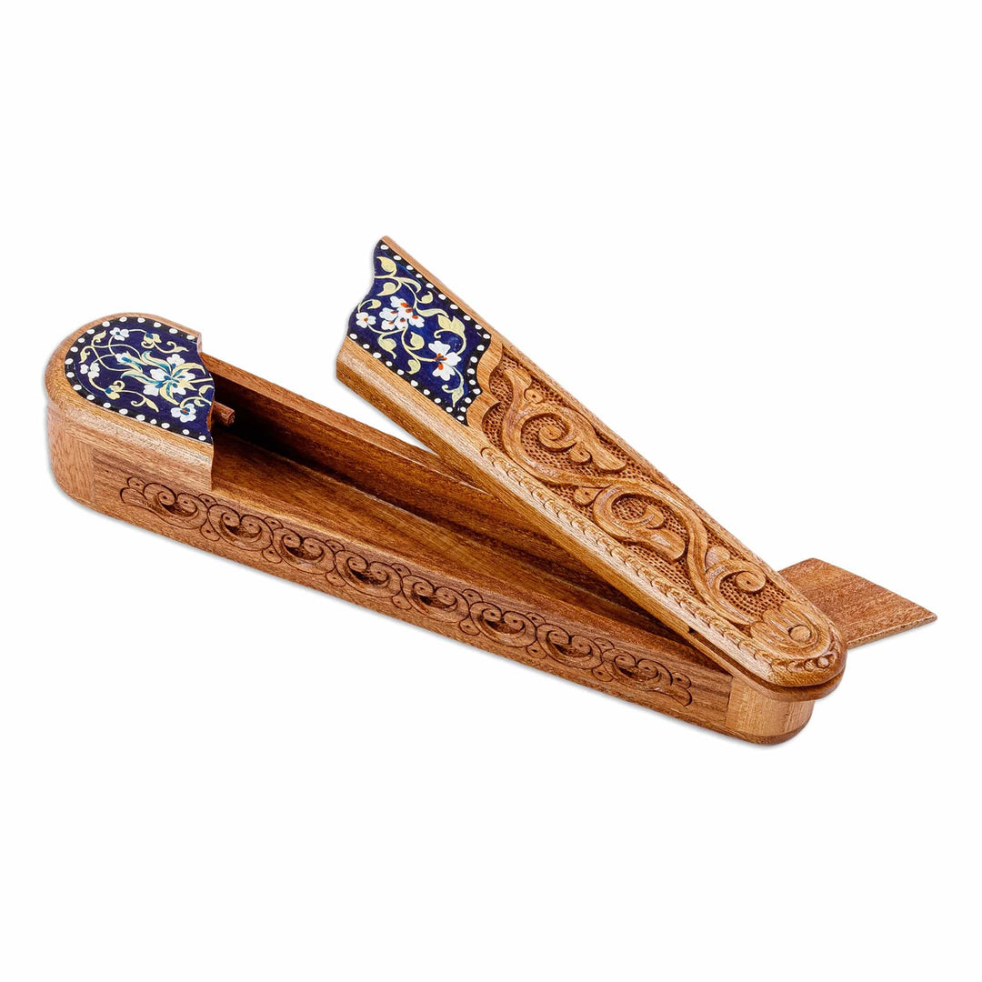 Floral Oblong-Shaped Elm Tree Wood Puzzle Box in Blue - Oblong Spring in Blue