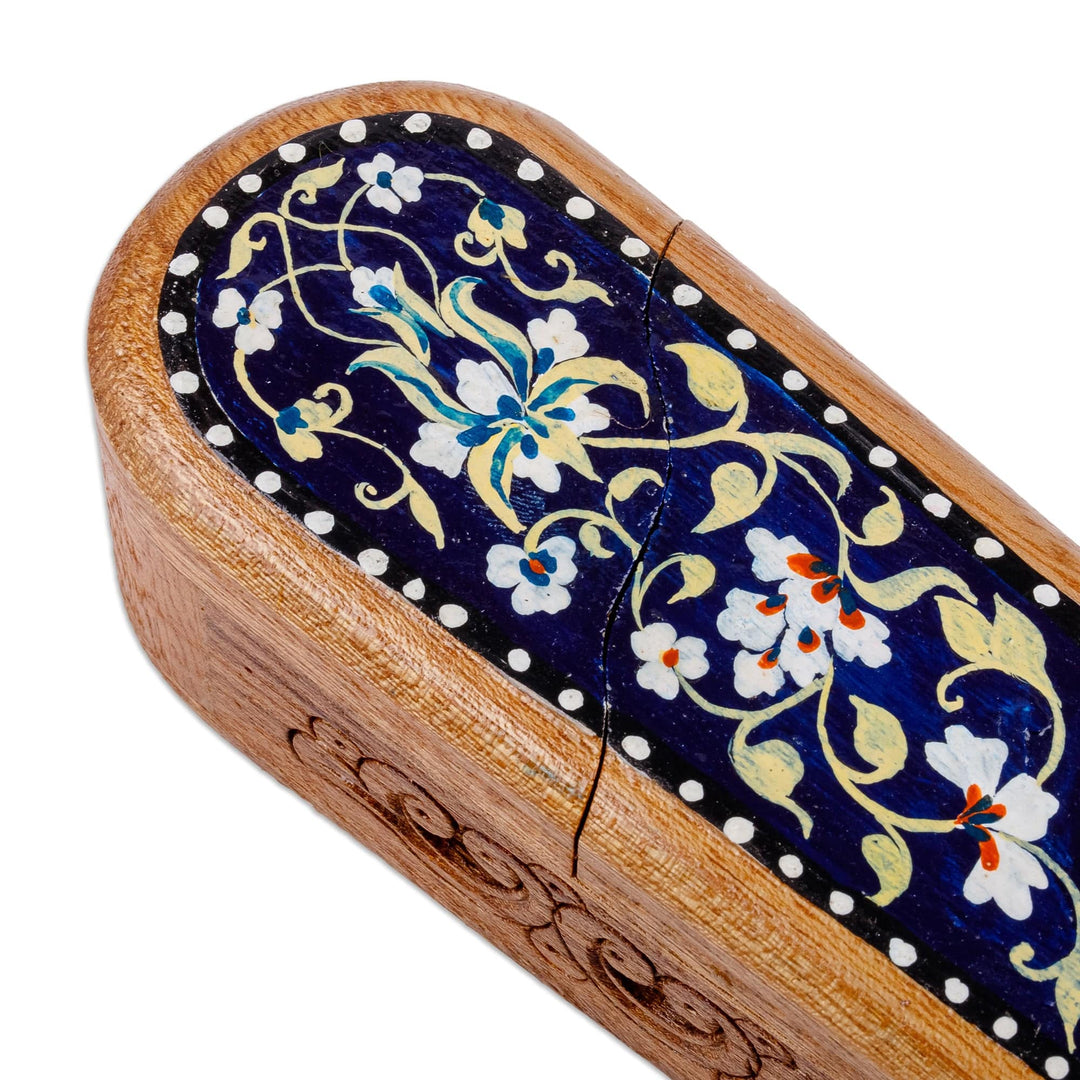 Floral Oblong-Shaped Elm Tree Wood Puzzle Box in Blue - Oblong Spring in Blue