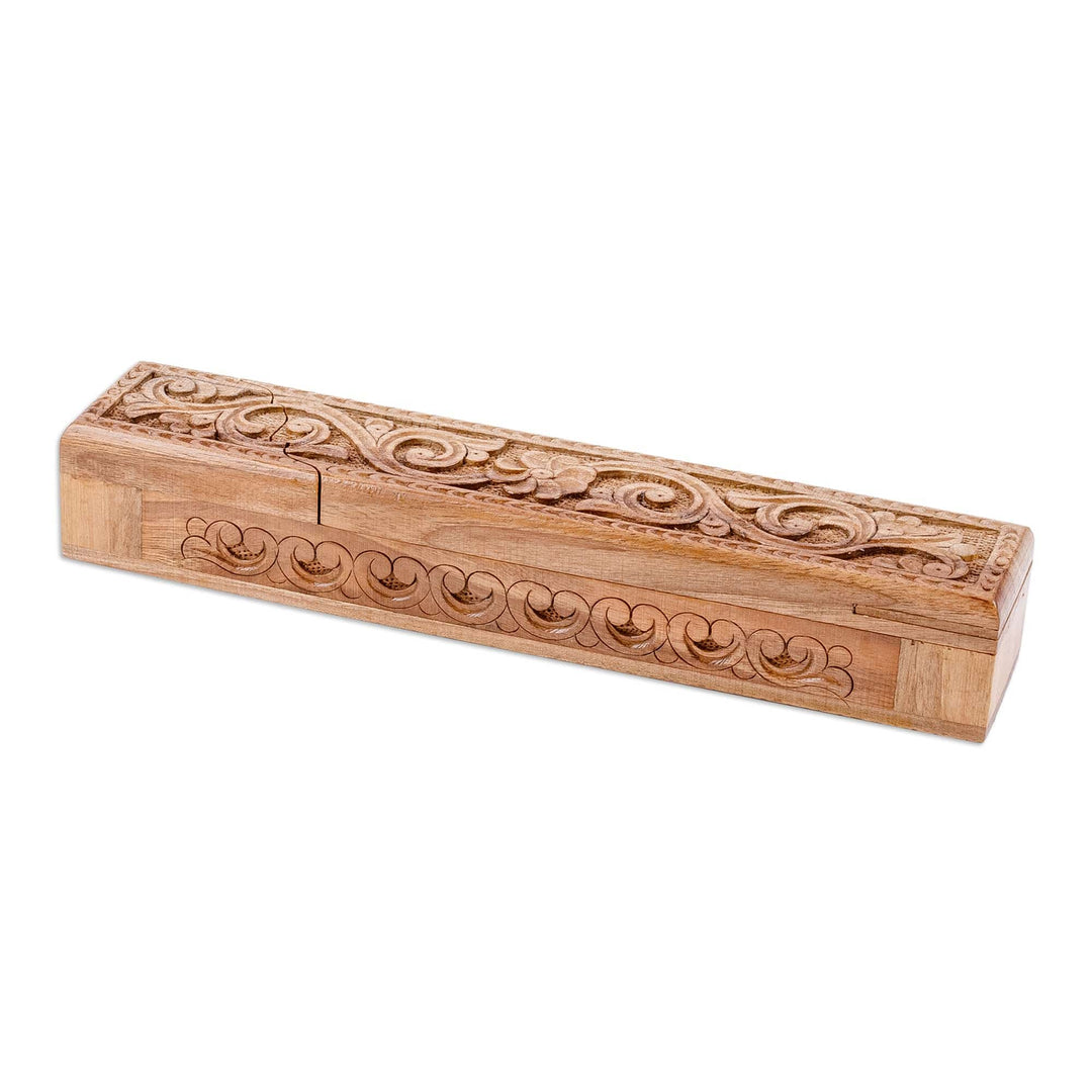 Hand-Carved Rectangular Classic Elm Tree Wood Puzzle Box - Secret Majesty