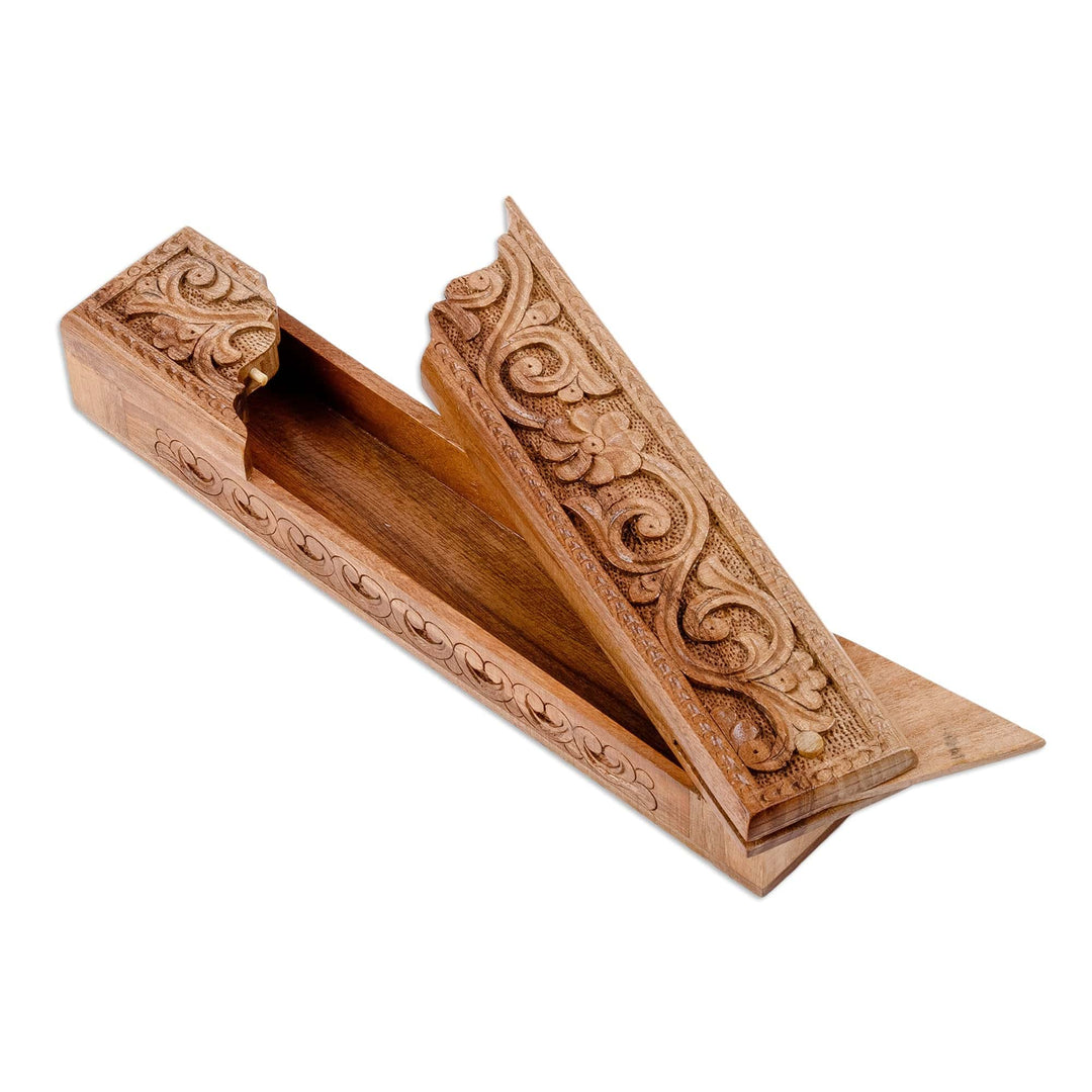 Hand-Carved Rectangular Classic Elm Tree Wood Puzzle Box - Secret Majesty