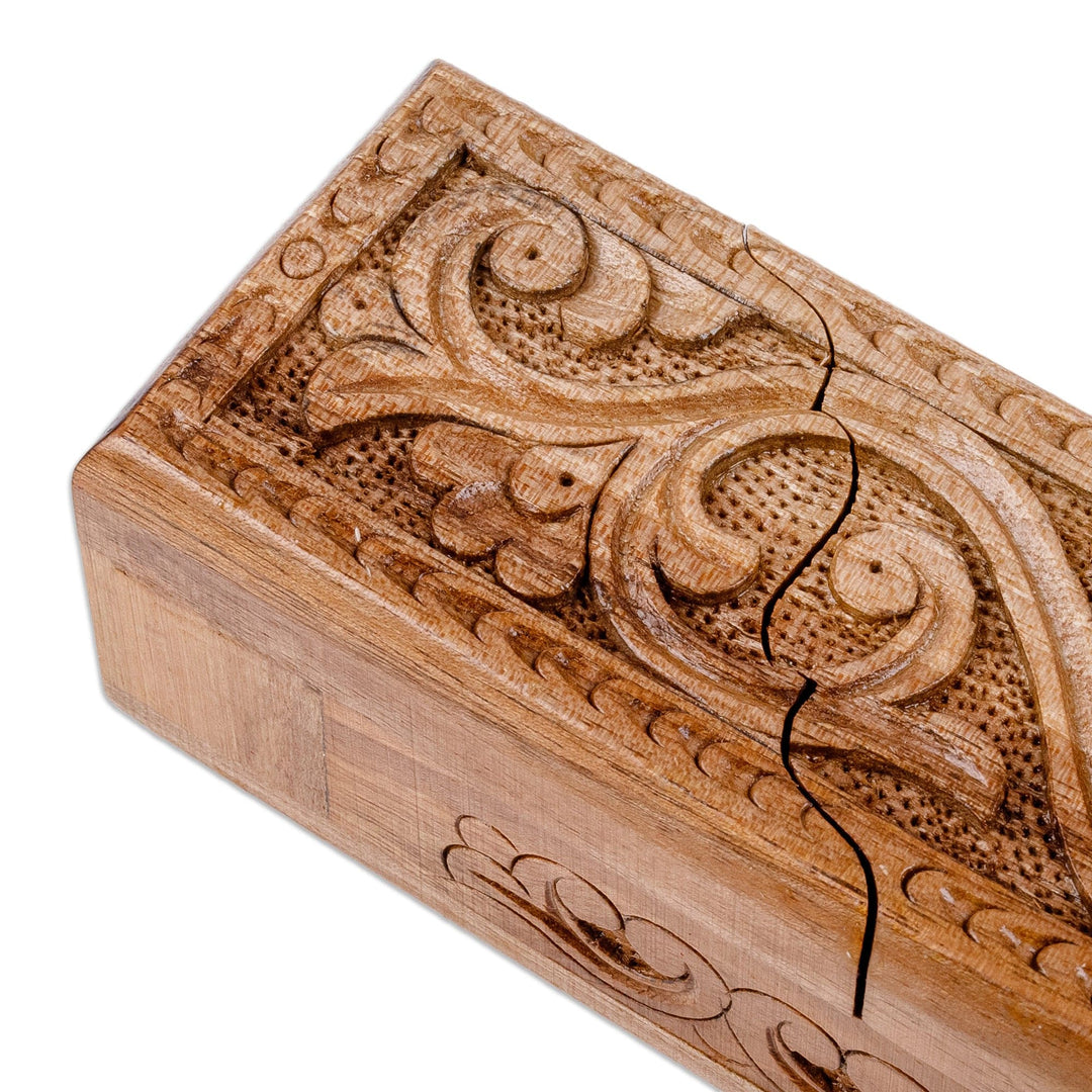 Hand-Carved Rectangular Classic Elm Tree Wood Puzzle Box - Secret Majesty