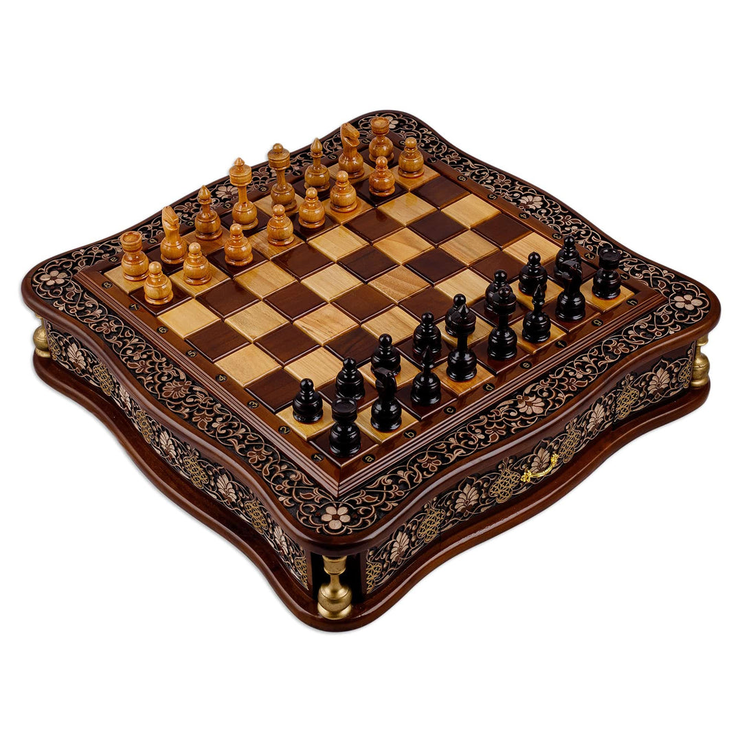 Polished Classic Floral Hand-Carved Walnut Wood Chess Set - Palace's Challenge